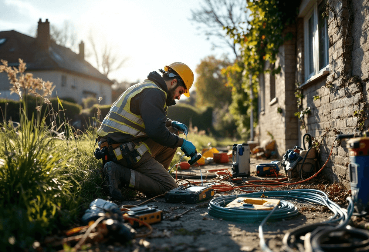 technicien installant la fibre devant une maison dans la Manche